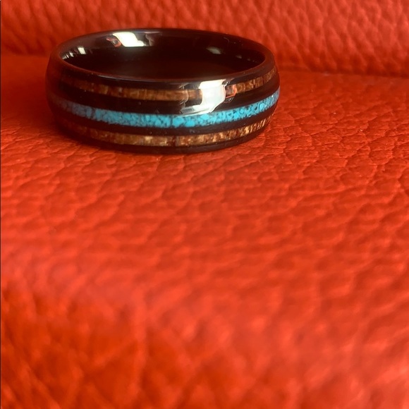 8mm Wood & Crushed Turquoise Tungsten Wedding band - Picture 2 of 12